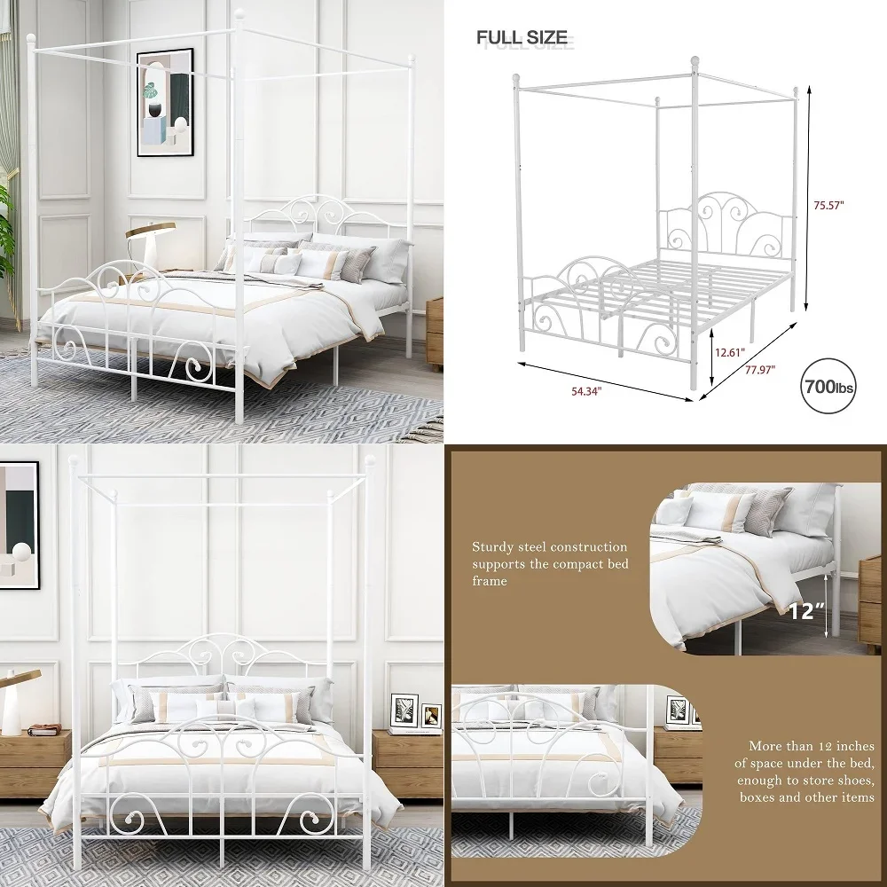 

Size FourPoster Metal Canopy Bed Frame with Headboard and Footboard Sturdy Slatted Structure No Box Spring Needed White