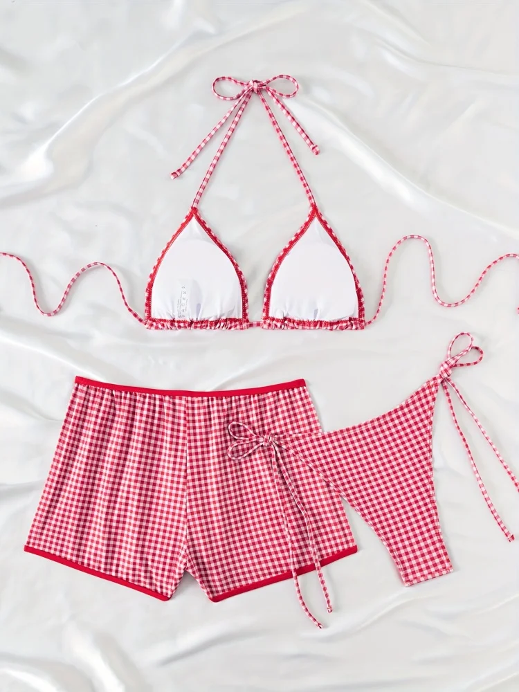 Bikini Donna Costume da bagno 2026 Nuovo plaid rosso Halter Bikini Set Sexy Vita alta Costumi da bagno Pantaloncini estivi Beachwear Costume da bagno femminile