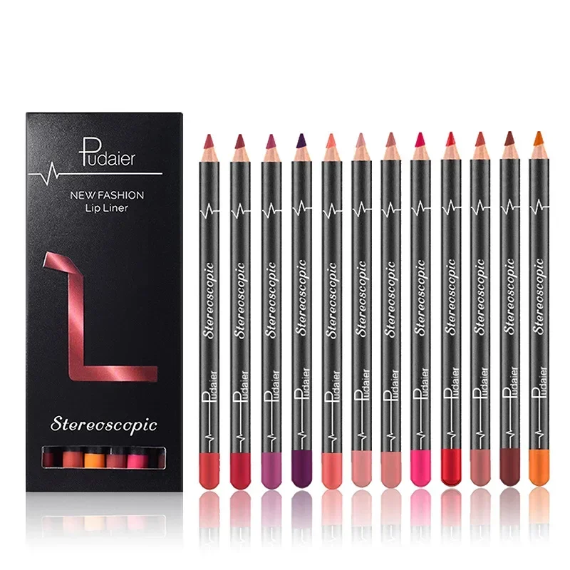 Pudaier 12pcs Lip Liner Pen 12 Colors Waterproof And Sweat-proof Not Easy To Fade Non-stick Cup Nude Lipstick Pencil SET