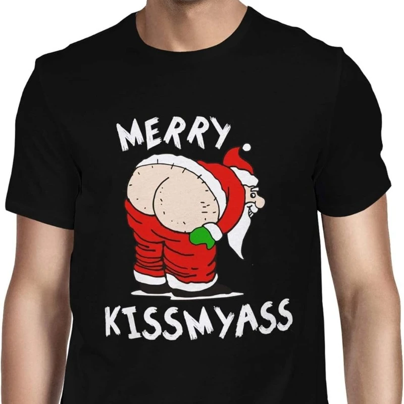 Tee Mens Merry KissMyAss Christmas Funny Shirt Offensive Cool Unique Creative Pattern T-Shirt High Quality Cotton Short-sleev