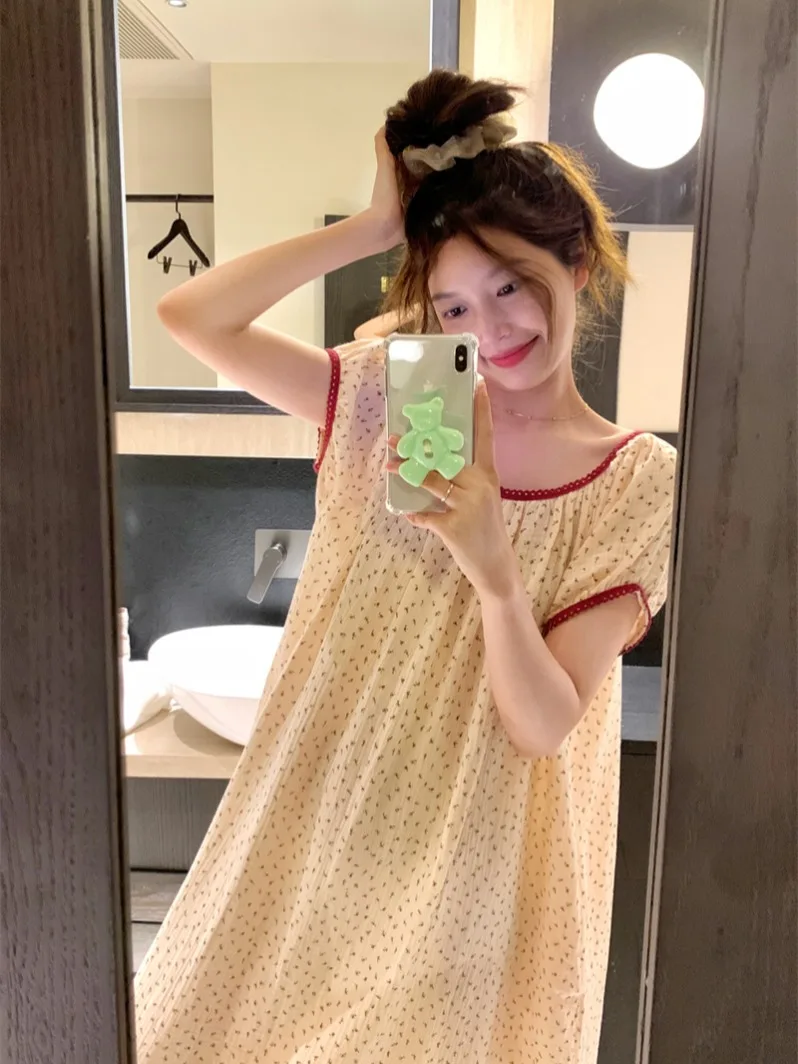 sweet-style-floral-print-round-neck-short-sleeve-long-dress-women's-summer-loose-fit-sleepwear-comfortable-home-clothes