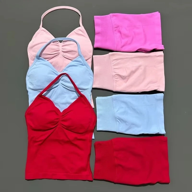 

Женский комплект для йоги, бесшовный ударопрочный длинный топ на бретельках, спортивные шорты, спортивная одежда, женская летняя одежда для тренировок