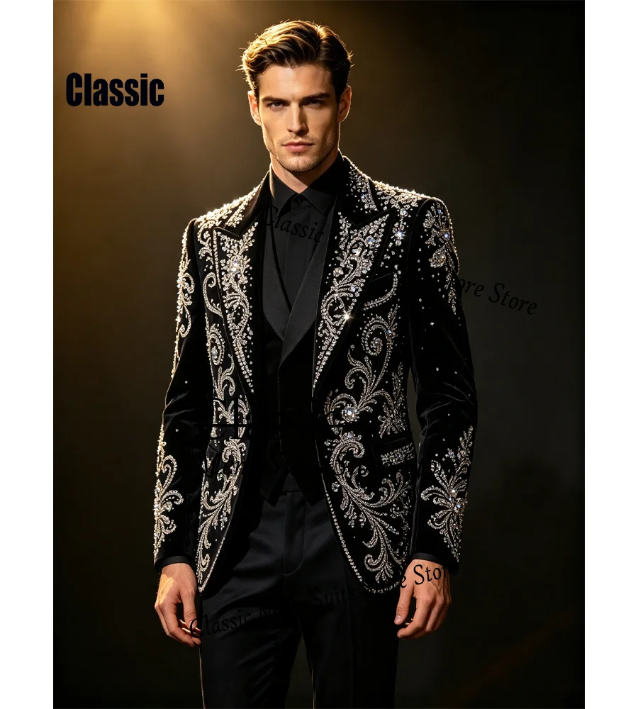 Customized Fashion Velvet  Men suit Simple Sequin Gem For Evening Groom Male Prom Party Glitter Blazer 3 Pieces Set Tuxedos Slim