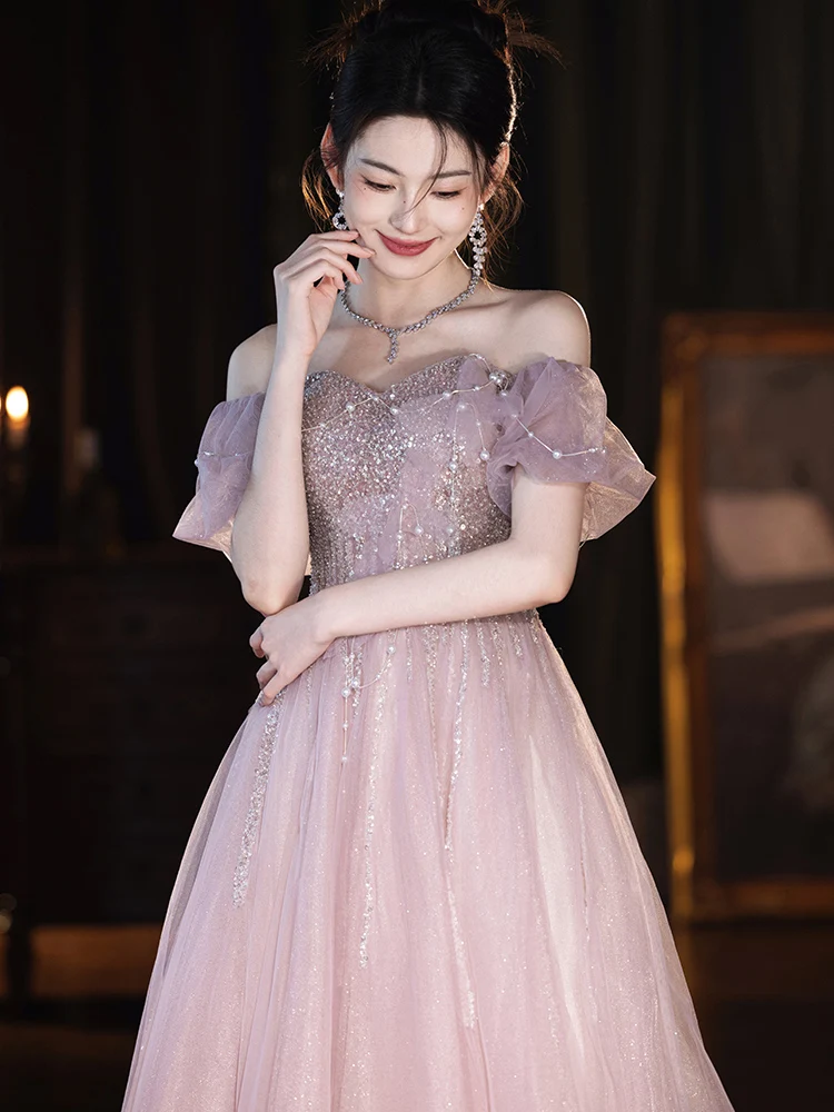 

Pink Evening Gown Women's 2025 New High-End Luxury Small ence Wedding Dr Princ Sle One oulder ort Sve Long...