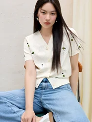 DUSHU Women's Lace Jacquard Embroidery Knit Top 2025 Summer Classic V-Neck Bohemian Chic Casual Blouse Y2K Fashion New Arrival