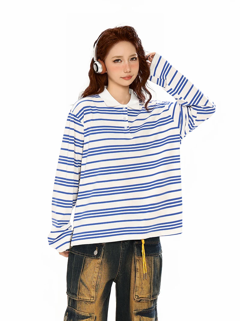 

Korean Fashion Unisex Oversized Polo Collar T-Shirt Striped Long Sleeve Loose Top Casual Versatile Autumn Wear