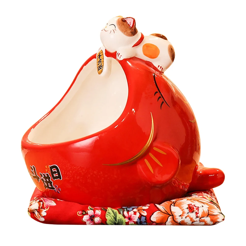 Ceramic Lucky Cat Candy Box Cute Lucky Cat Storage Box Money Box Chinese Home Decor for Attract Wealth and Good Luck