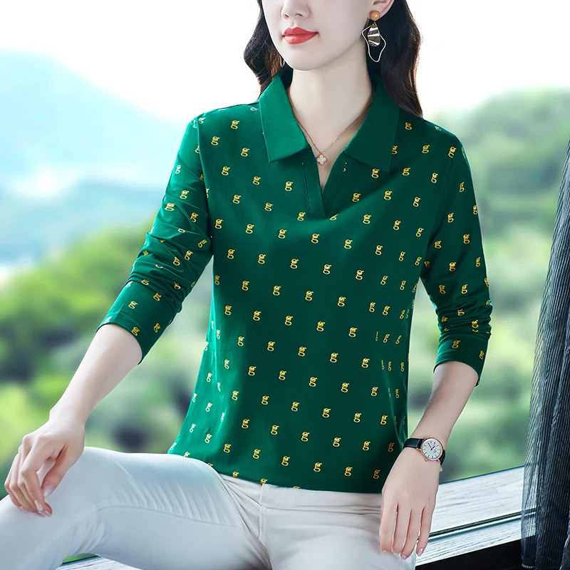 

Женская футболка из чистого хлопка с длинным рукавом, весенне-осенняя модная модель с воротником, для женщин среднего возраста, больших размеров, утягивающий спортивный топ