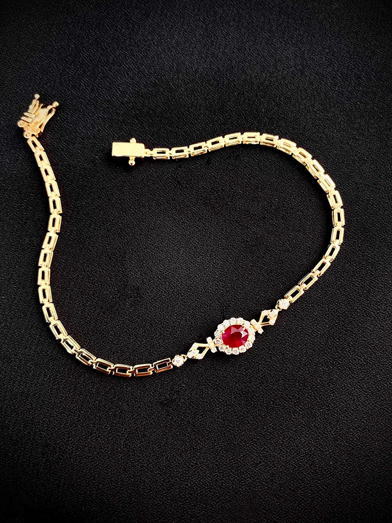 KUGG 100% 18K Yellow Gold Bracelet Fashion OL Style Shiny Diamond Natural Ruby Gemstone Bracelet for Women High Anniversary Gift