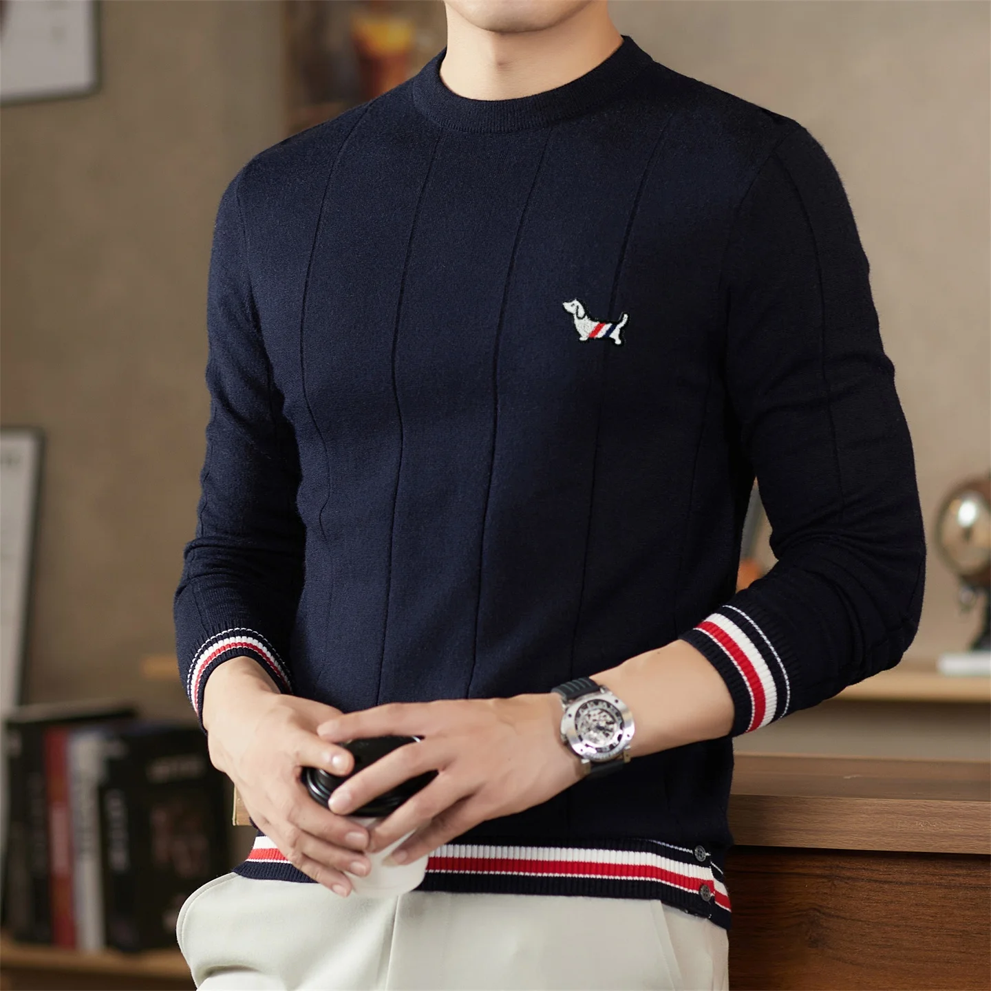 High end Brand Sweater Men's round neck autumn personalized color striped trendy cute dog embossed casual warm knitted pullover