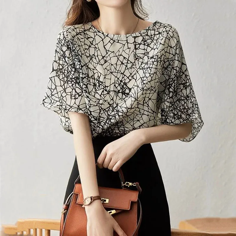 Vintage Chic Fashion Printing Round Neck Chiffon Shirt Tops Summer New Women's Clothing Loose Ladies Casual Half Sleeve Blouses