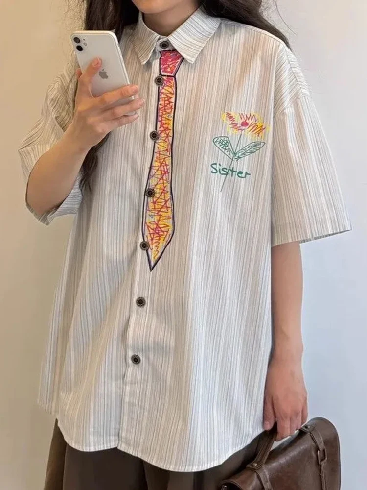 Jmprs قميص Y2K مرسومة يدويًا بلوزة نسائية فضفاضة غير رسمية على طراز Preppy بلوزة كلاسيكية أمريكية كبيرة الحجم Harajuku بأكمام قصيرة قطع علوية لطيفة Bf #3