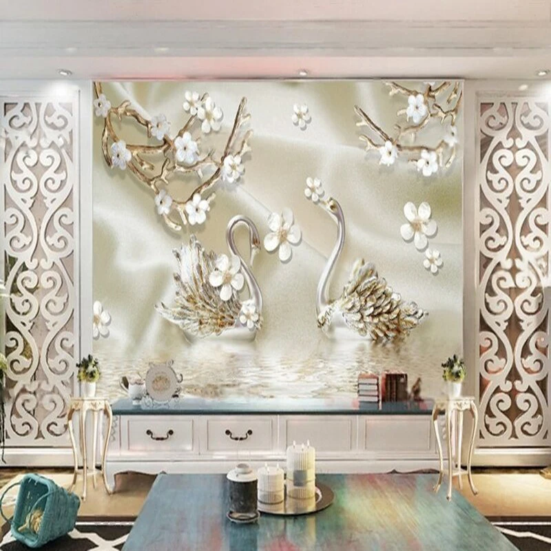 Modern Minimalist Elegant 3D Three-Dimensional Luxurious Golden Flowered Swan Bedroom Wall Sticker Mural Background Wall