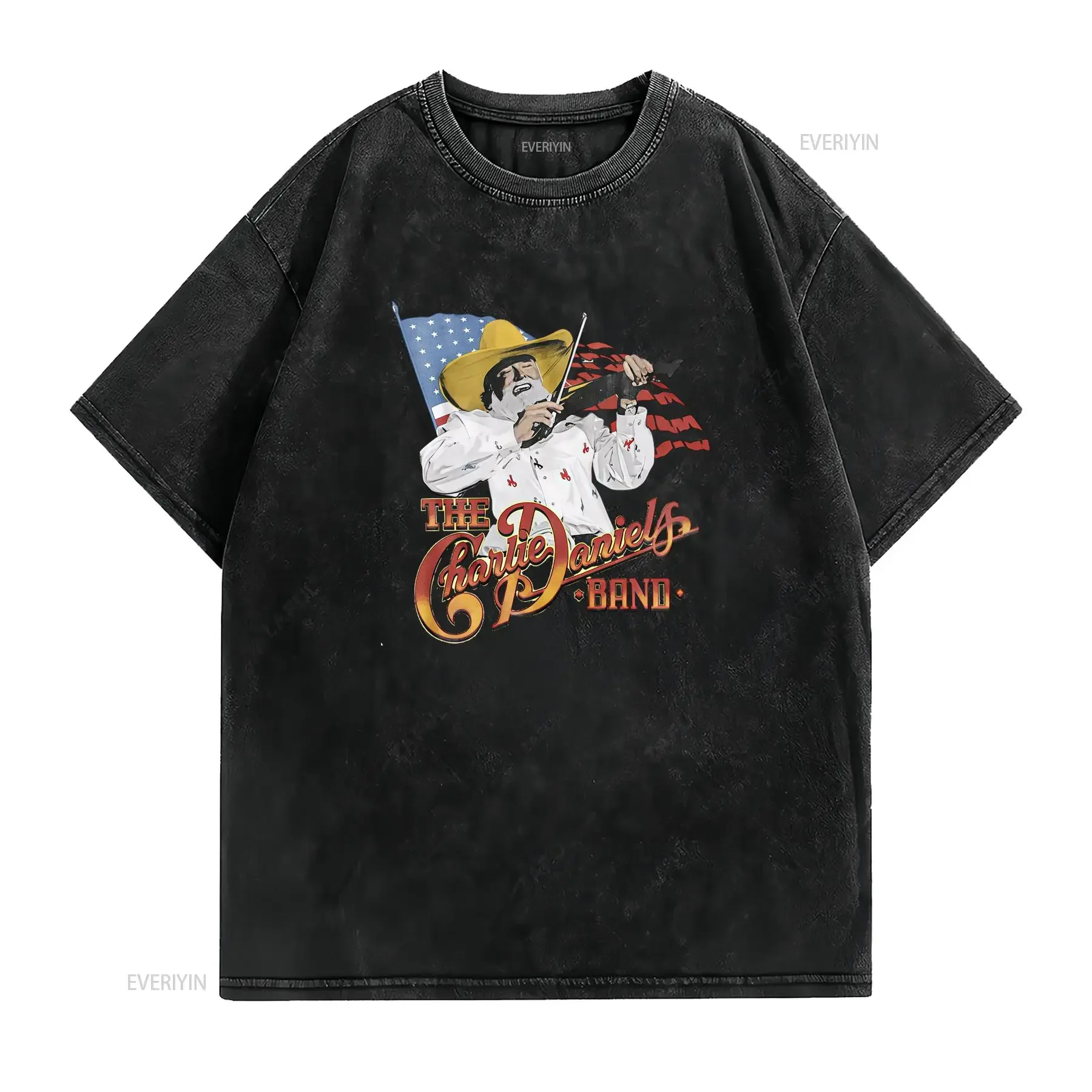 Vintage Retro Country Music The Charlie Daniels Band American Flag Cowboy Fiddle Print Casual T Shirt vintage Washed