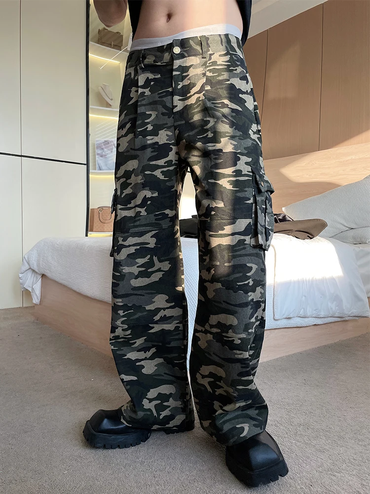 American Trend Straight Wide Leg Camouflage Pants Men's Ins High Street Micro-Pull Overalls Outdoor Handsome Retro Casual Pants