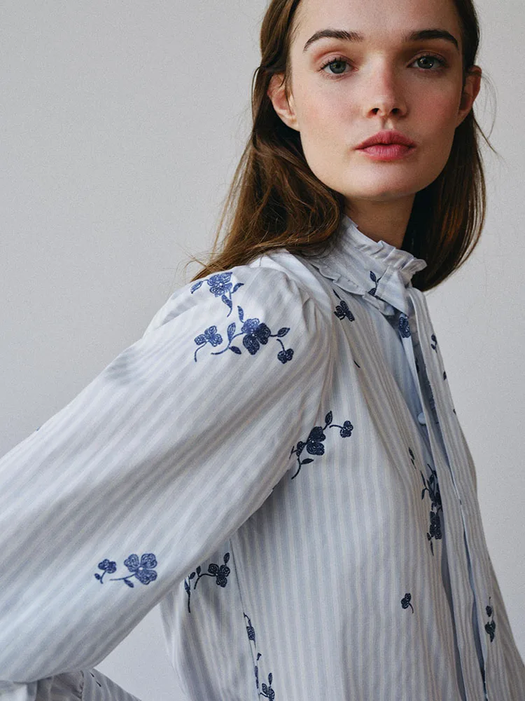New Autumn Long Sleeve Shirt Women's Fashion  Knot Stripe Print Stand Collar Top Polyester Fiber Daily Wear Youth