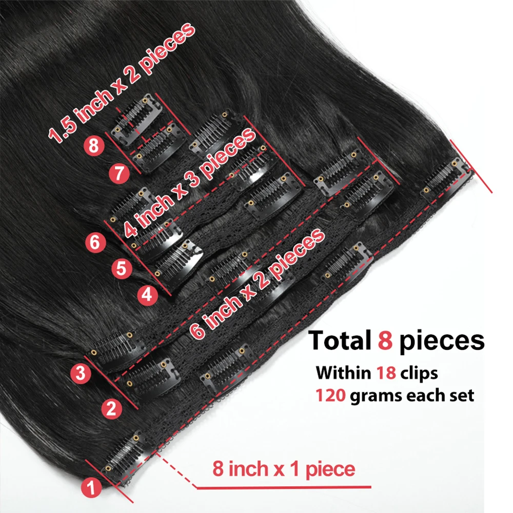 Megeen-滑らかなヘアエクステンション,天然の人間の髪の毛,黒,120g,フルヘッド,シームレス,1bにクリップ,8個