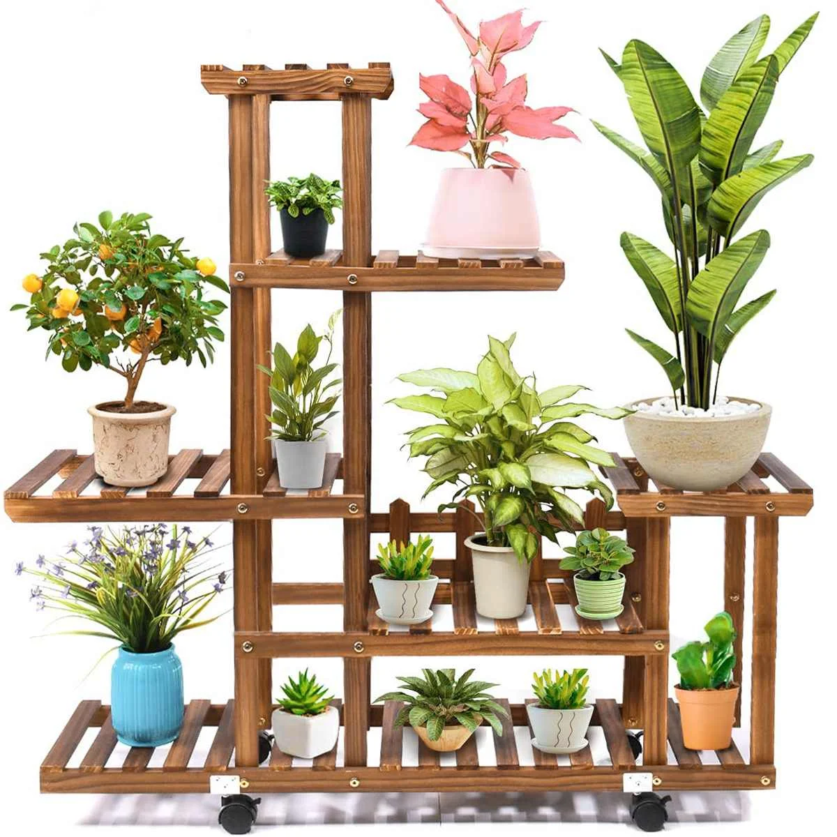 6ชั้นไม้ยืน Rack หลายดอกไม้ผู้ถือหม้อพืชสวนชั้นวางลานระเบียงดอกไม้ประณีตยืน