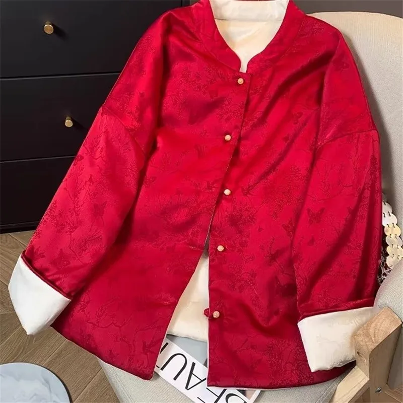 

Новое осеннее красное жаккардовое толстое пальто с длинными рукавами, женские куртки в китайском стиле с воротником-стойкой, свободная двусторонняя одежда