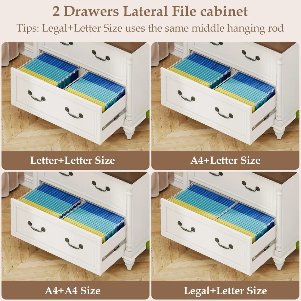 Farmhouse Lateral File Cabinet 2 Drawers File Cabinet for Legal/Letter/A4 Size Hanging Files, Large Wood File Storage Cabinets P