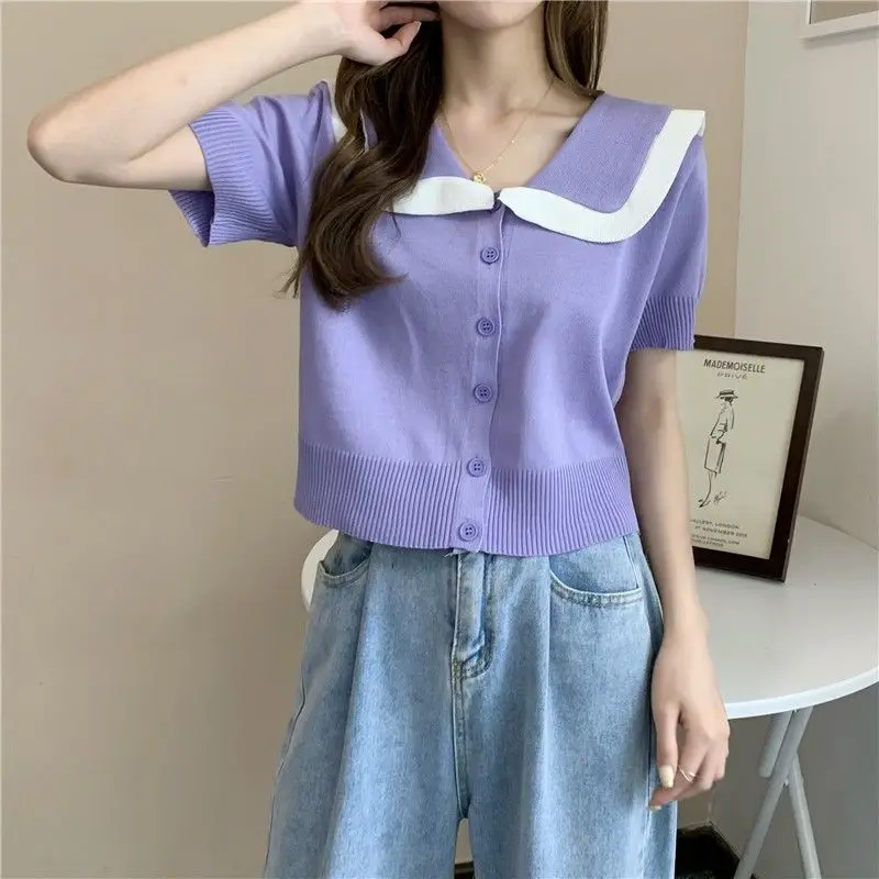 Contrasting Color Doll Collar Knitted Cardigan Women's Spring and Summer 2024 New Korean Fashion Short Coat Short Sleeve Top