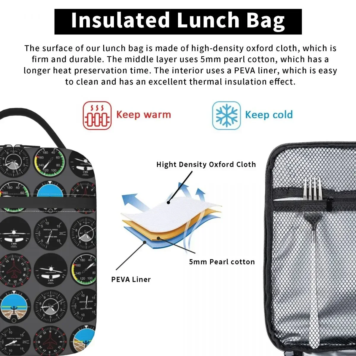 Aviation Airplane Flight Instruments Insulated Lunch Bag Leakproof Aircraft Pilot Aviator Plane Cooler Thermal Lunch Box Office