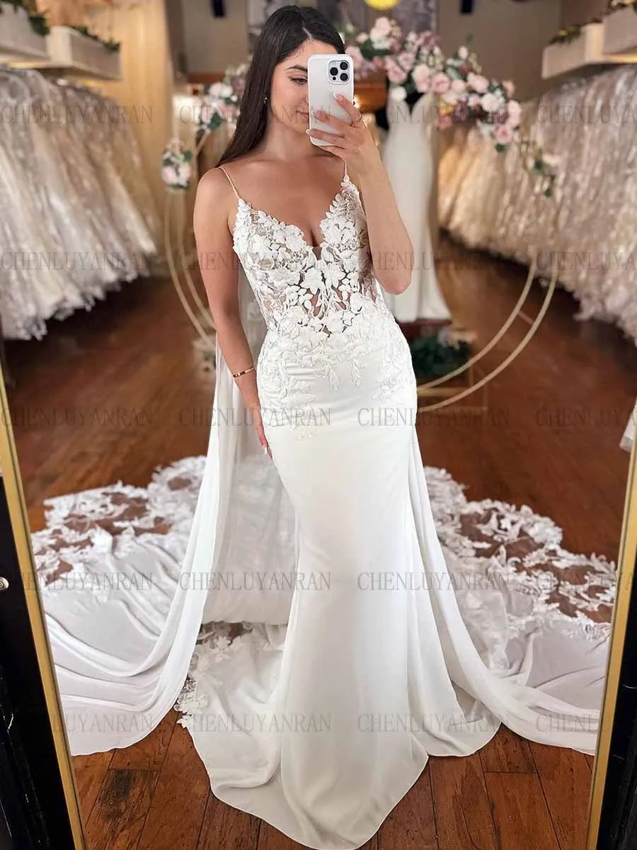 Mermaid V-Neck Wedding Dresses Spaghetti Strap Sleeveless Sexy Bride Gown Sweep Train Long Dresses For Women 2023 robe de mariée