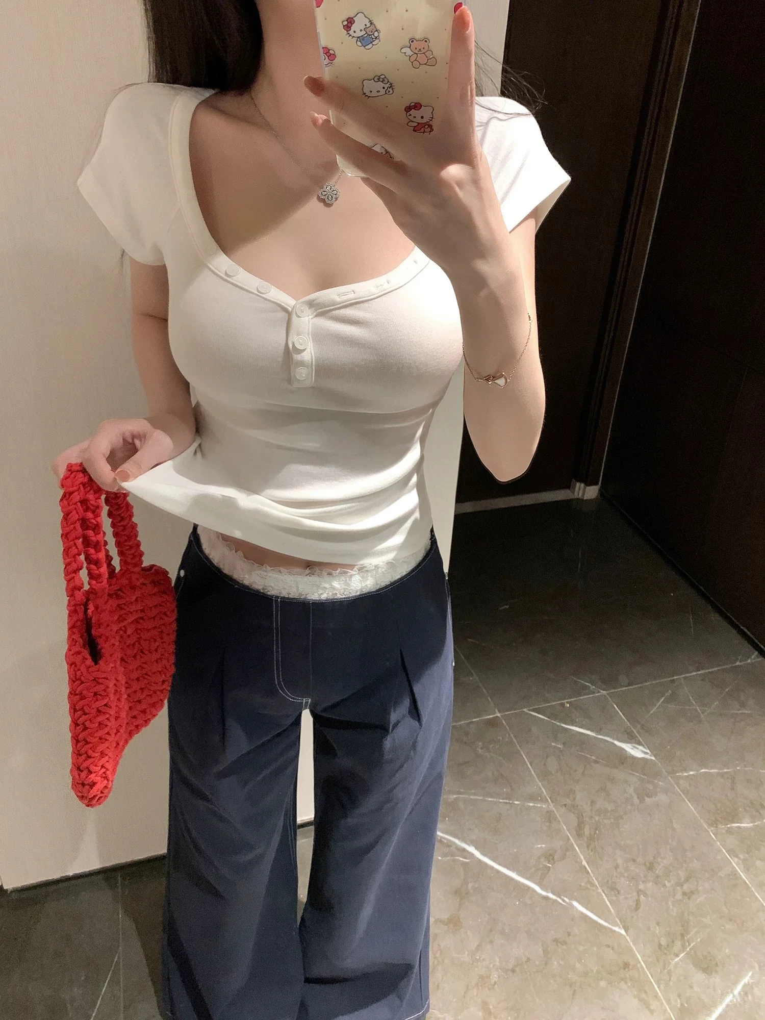 

Summer New Women's Short Sleeve T-Shirt 95 Cotton V-Neck Button up Slim Fit plus Size Comfortable Breathable Color Top