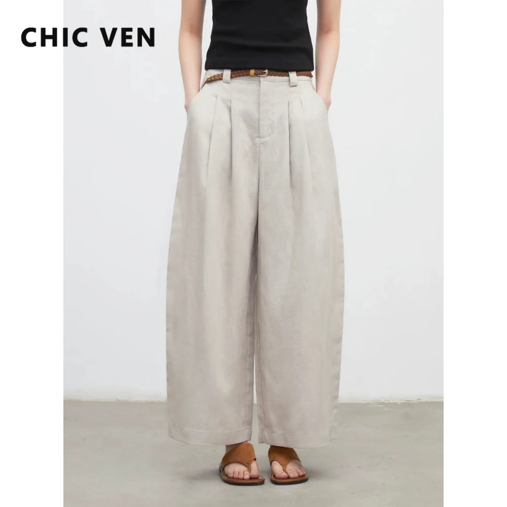 CHIC VEN New Fashion Women Trousers Loose Casual High Waist Female Wide Leg Ankle-length Pants Pleating Spring Summer 2026