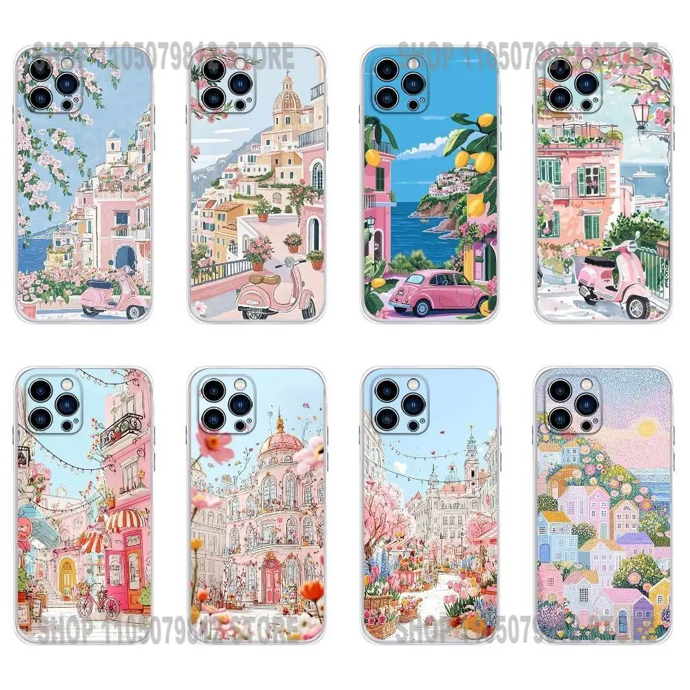 

Pink Scenic Motorcycle Car Phone Case For iPhone 17 16,15,14,13,12,11 Plus,Pro,Max,XR,Plus,E,Mini Transparent Soft Cover