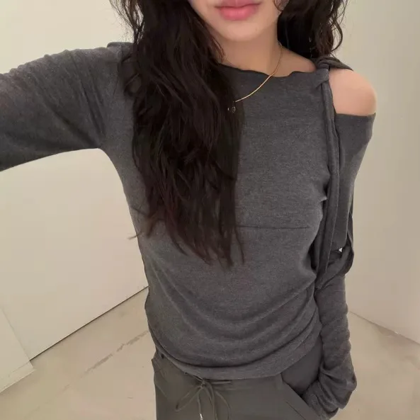 

Весна 2026: Женский топ Dongda Gate с открытыми плечами, облегающий, однотонный, с длинным рукавом, круглым вырезом, элегантный, однотонный