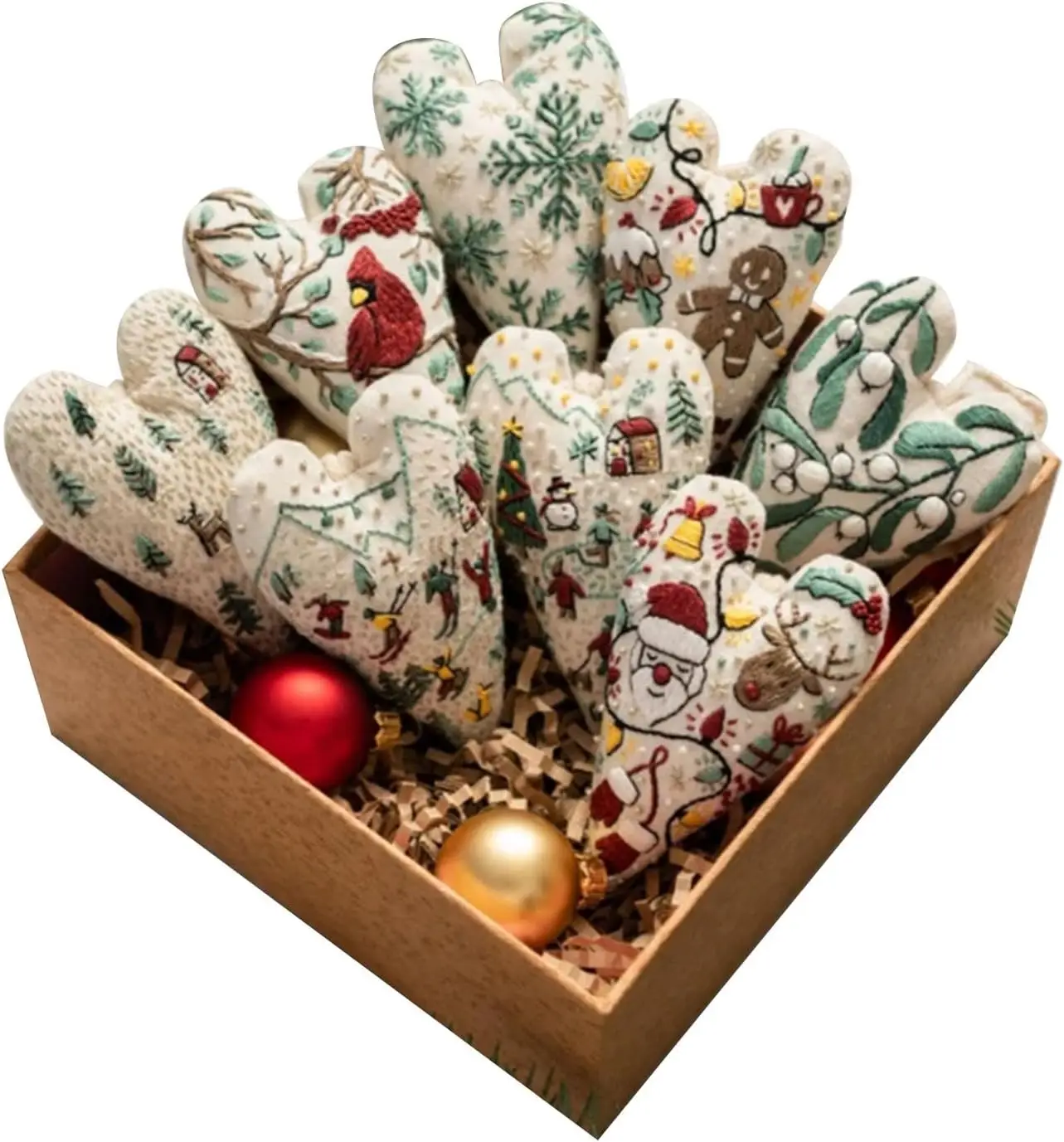 

Набор из 8 вышитых рождественских украшений, вышитые вручную елочные украшения в форме сердца, подвесные украшения для елки с ручной вышивкой