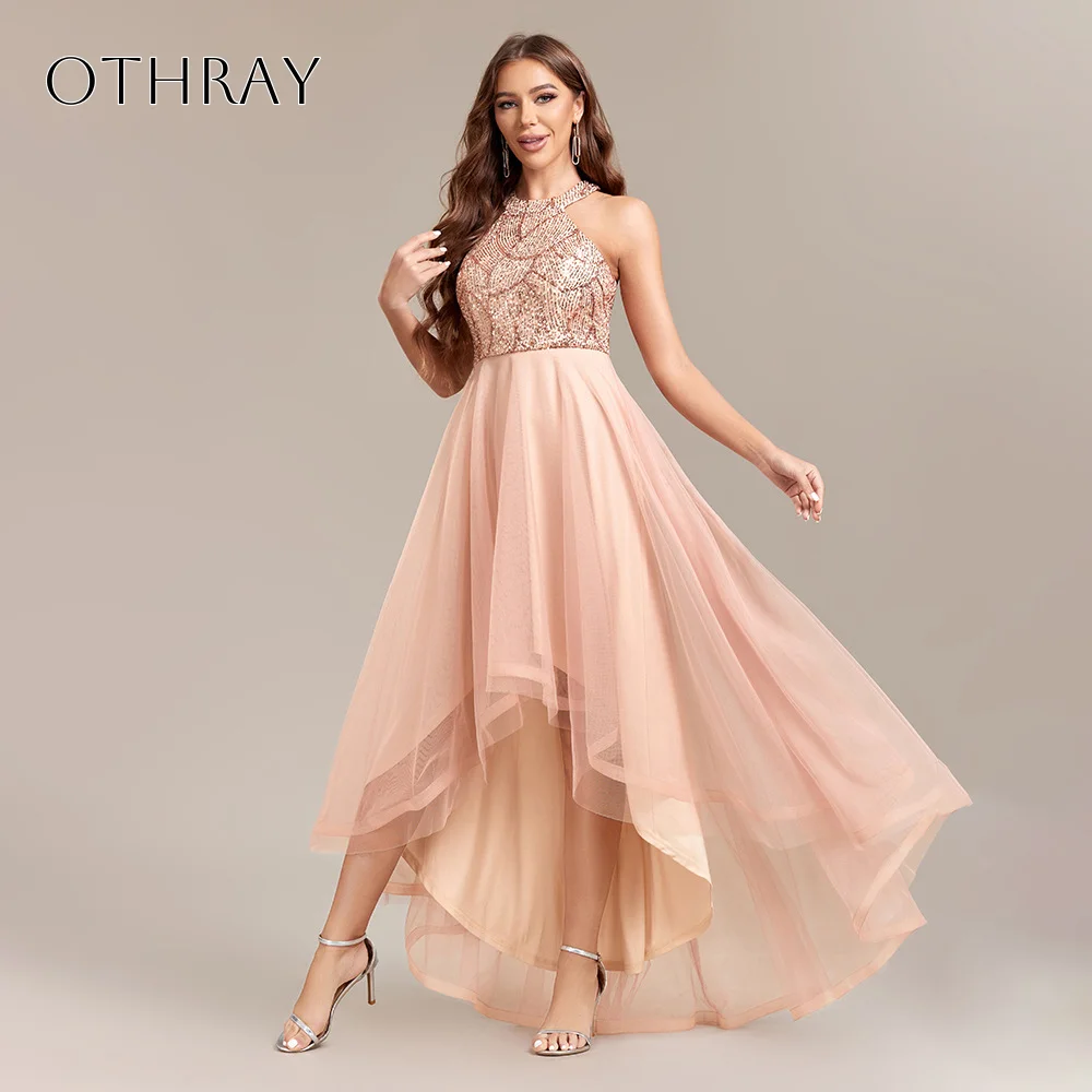 Vestidos de fiesta de una línea con lentejuelas y cuello halter, sin mangas, tul plisado, alto-bajo, personalizados, İ Г Грэйws 