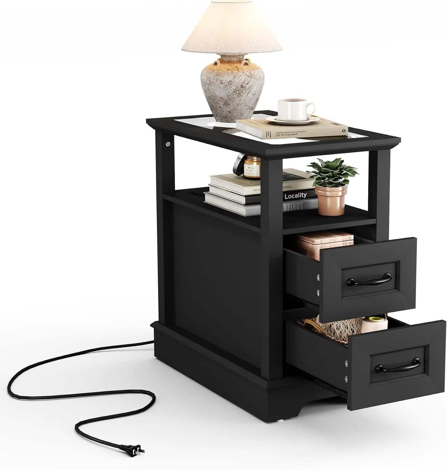 

End Table with Charging Station, Wooden Bedside Table for Living Room, Narrow Couch Side Table with Storage Drawers, Nightstand