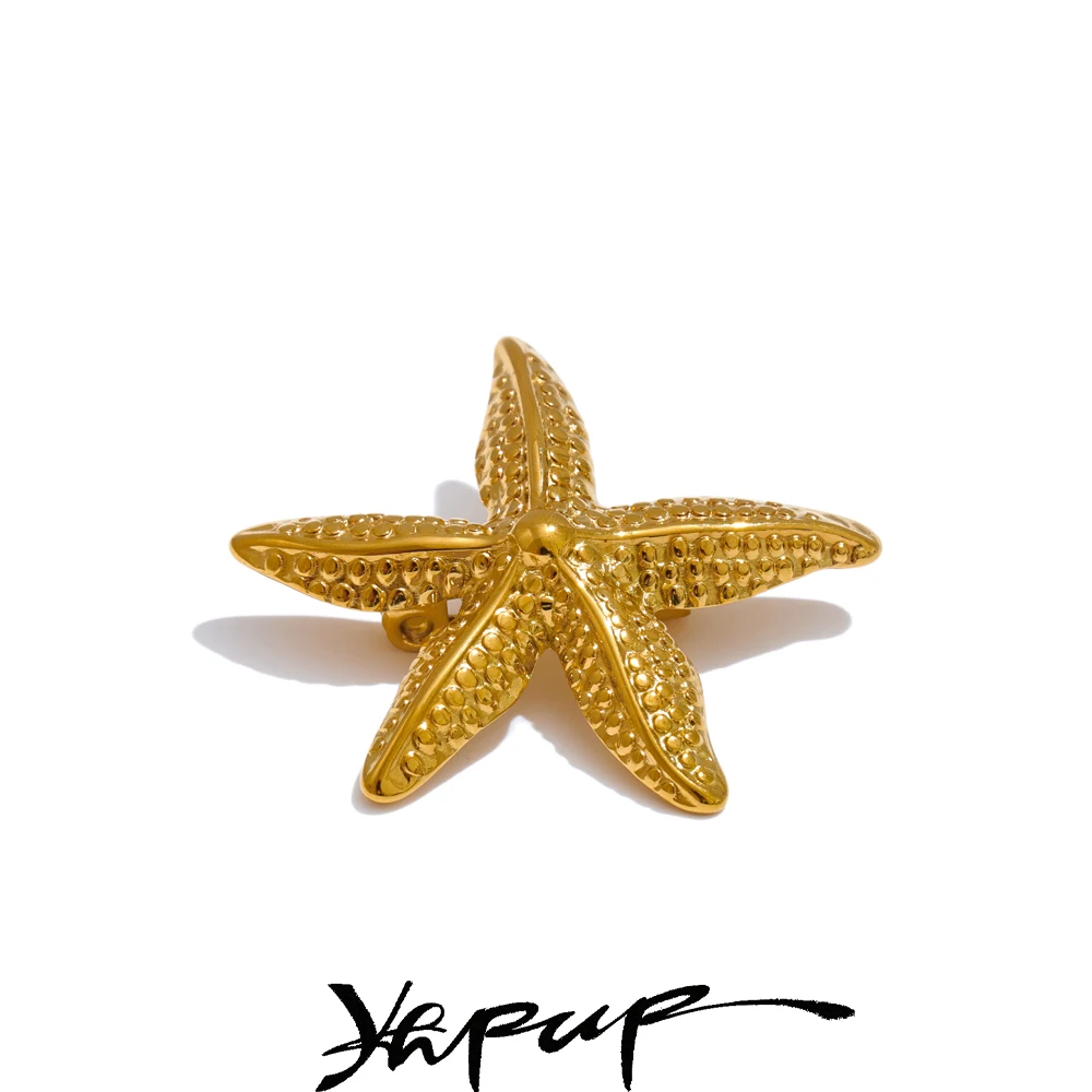 Yhpup Ocean Style Stainless Steel Metal Starfish Golden Brooch Pin for Women Clothing Accessories Stylish Chic Jewelry Gift