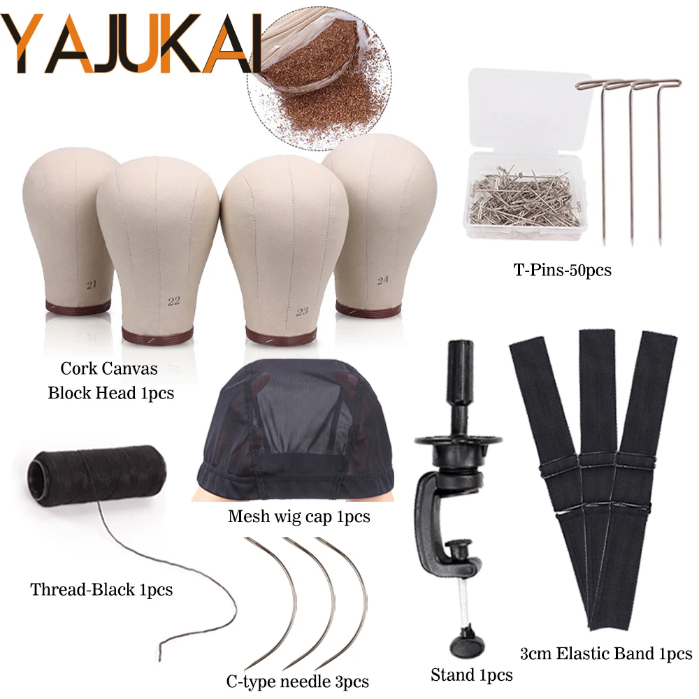 

21 22 23 24Inch Cork Canvas Wig Head And Head Stand Set For Wigs Making Display With C Needles Sewing Thread Wig Strap Wig Cap