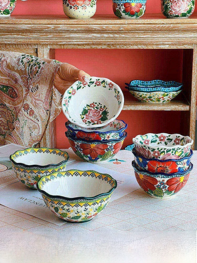

Creative Ceramic Rice Bowl Popular Dining Bowl Home Use Flower Pattern Ethnic Style Underglaze Painting Process Affordable Price