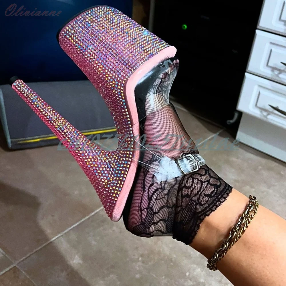 Pink Glitter Crystals Platform Sandals Clear PVC Ankle Strap Stiletto High Heel Party Hot Girls Women Dance Shoes Pole Dance