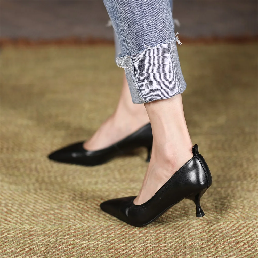 Taoffen Spring/Autumn Women Pumps Real Leather Pointed toe High Heel Fashion Slip On Thin Heels Solid Fashion Office Lady Shoes