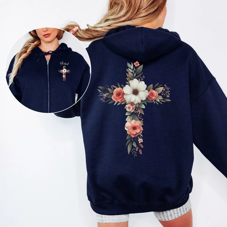 Floral Cross Zip Hoodie - Blessed Christian Cross Sweatshirt, Front & Back Print Flower Cross Hooded Top