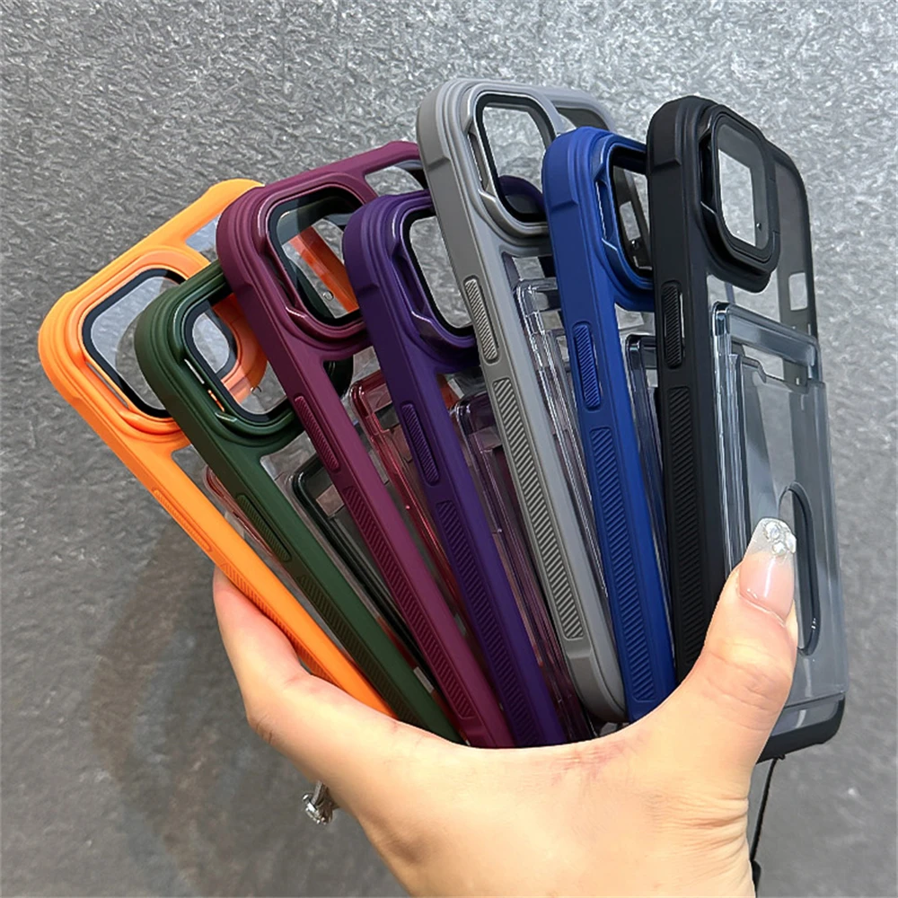 Acrylic Card Holder Clear Phone Case for iPhone 16 15 14 13 12 11 Pro Max Plus Hand Strap Camera Stand Bracket Shockproof Cover