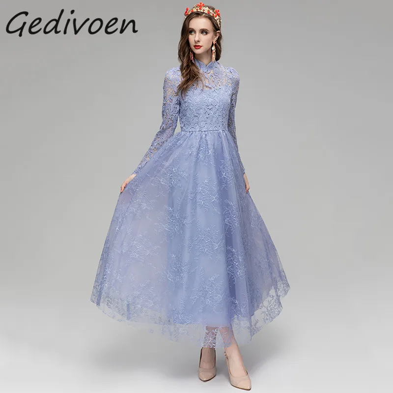 Gedivoen Summer Fashion Designer Vintage Lace Mesh Spliced Dress Women Stand Collar Solid Color Hollow Out Embroidery Long Dress