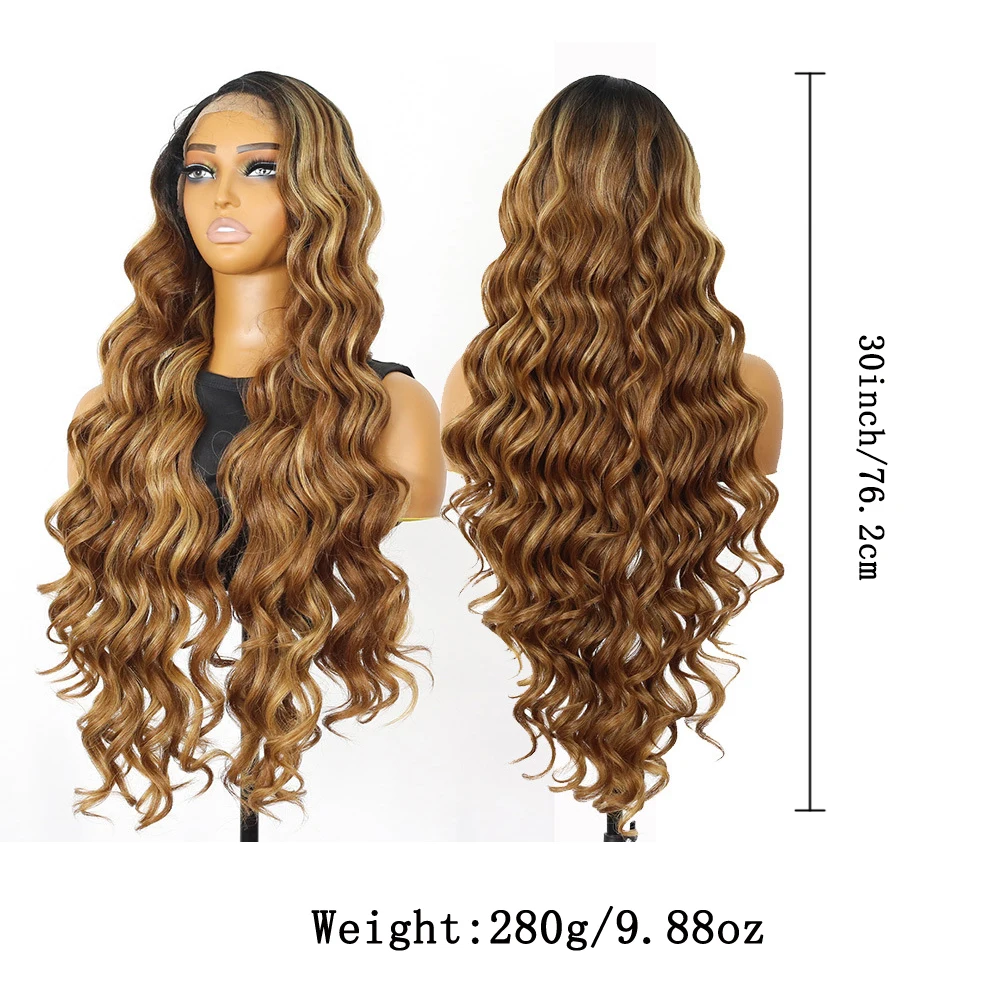 Wig Depan Renda HD Ekstra Panjang 30 Inci T-bagian 13X5 Wig Ikal Longgar dengan Rambut Bayi Rambut Sintetis Multiwarna Serat Tahan Panas