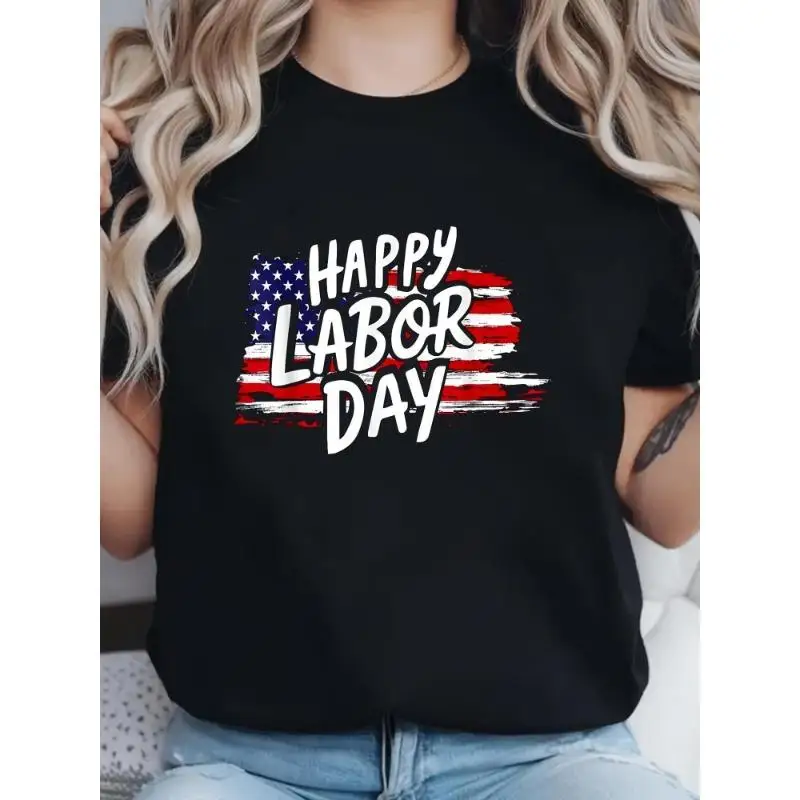 

Happy Labor Day T-Shirt American Flag Distressed Print Tee Unisex Cotton Short Sleeve Top US Labor Day Celebration Gift