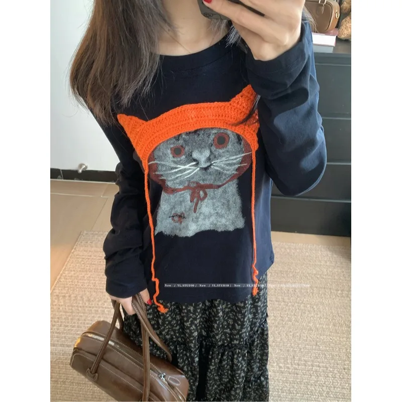 

Женская тонкая футболка с длинным рукавом, круглым вырезом, в корейском стиле, с мультяшной вышивкой и цветочным узором, весна-осень, новинка