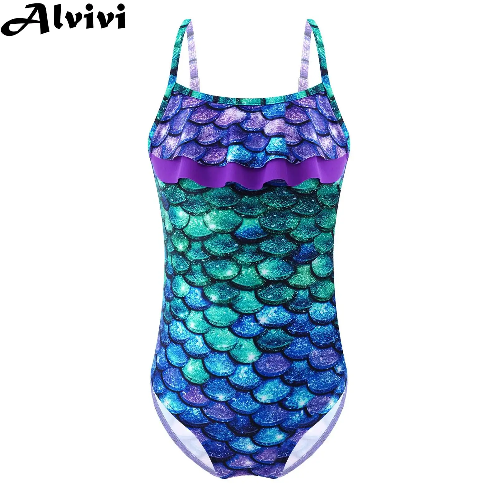 Little Girls Swimwear Bodysuit Adjustable Straps Fish Scales Mermaid Swimsuit Sleeveless Backless Bathing Suit Beachwear 4-16Yrs