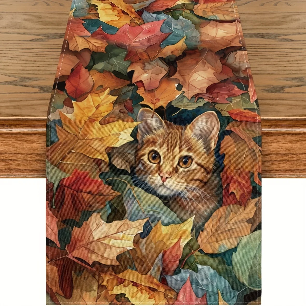 

1pc Cozy Fall Table Runner - Adorable Cat Pattern with Autumn Leaves and Flowers, for Thanksgiving Dinner Party