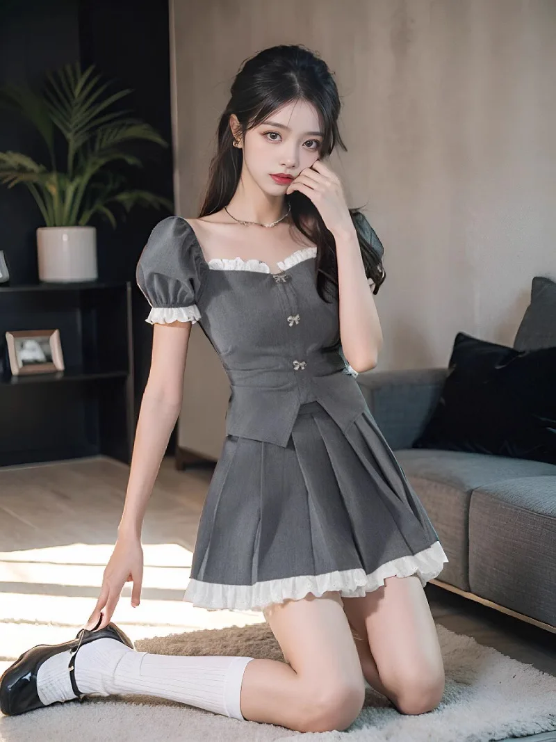 Spicy Girl French Bubble Sleeve Shirt Pleated Skirt Two-piece Set Lady Ruffle Edge Splice Contrast Color Sweet Fashion Slim Wear