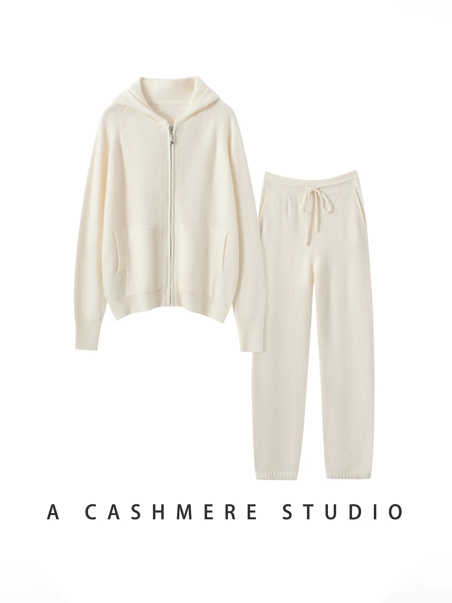 طقم كشمير أنيق للنساء لفصلي الخريف والشتاء، هودي بسحاب وبنطلون مستقيم الساق، بدلة محبوكة من قطعتين بأسلوب عملي وأكمام طويلة