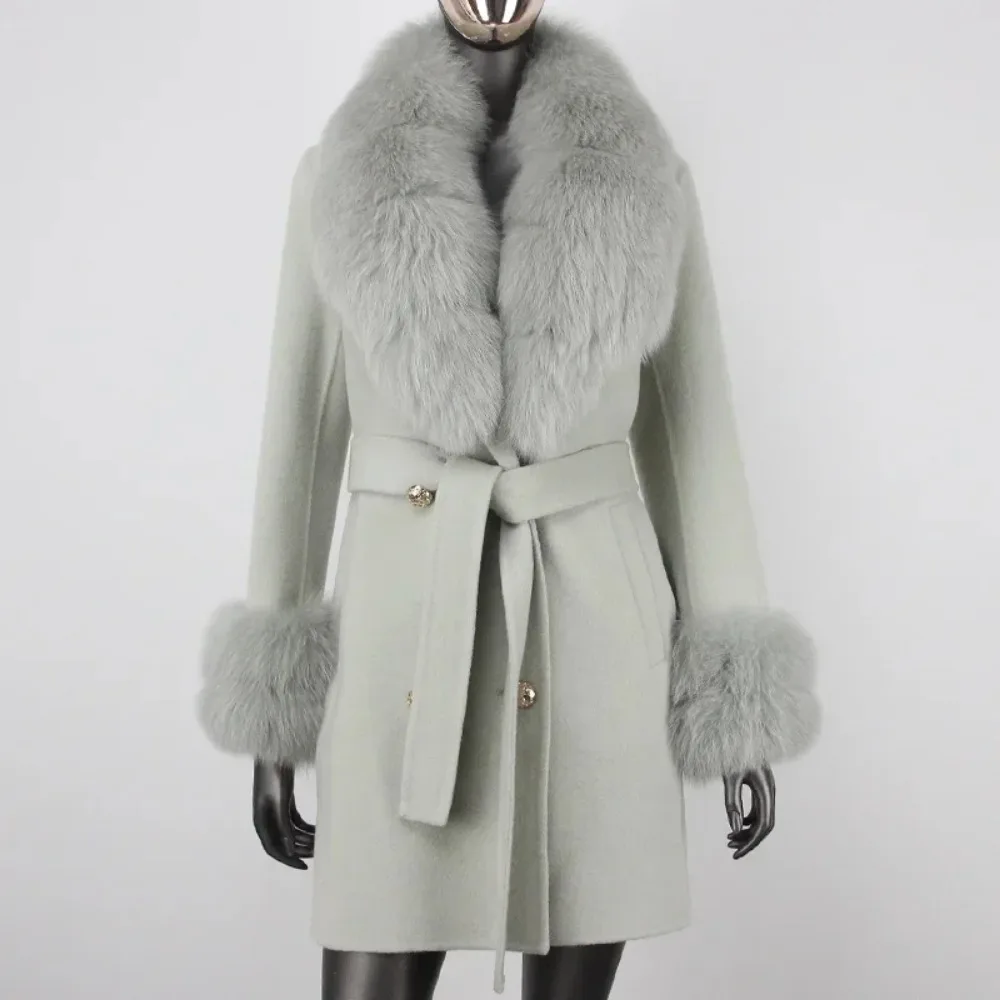 معطف من الفرو الحقيقي للنساء بياقة من فرو الثعلب الطبيعي ، مزيج من الكاشميرات ، جاكيت شتوي ، معطف سميك ، أصفاد ، ملابس خارجية ، ملابس الشارع ،